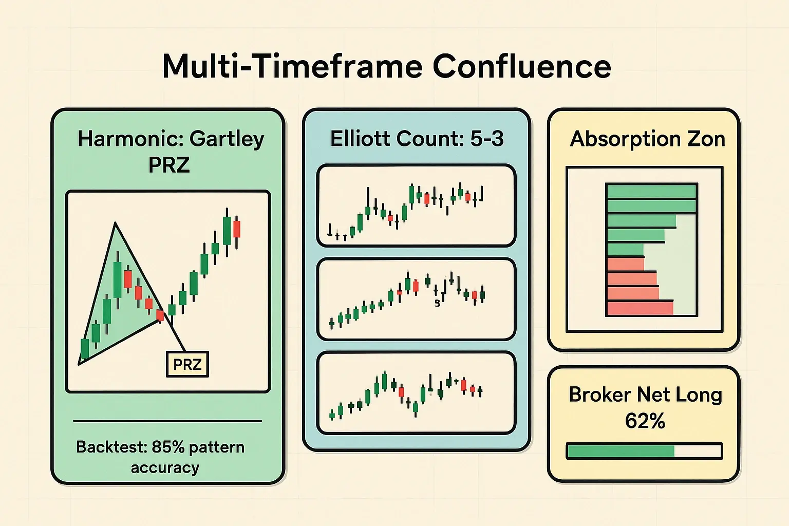 Schnelle Confluence-Übersicht: Kombiniere Harmonic, Elliott, Orderflow und Sentiment, um fundierte Einstiege zu identifizieren und Fehlsignale leichter zu erkennen.