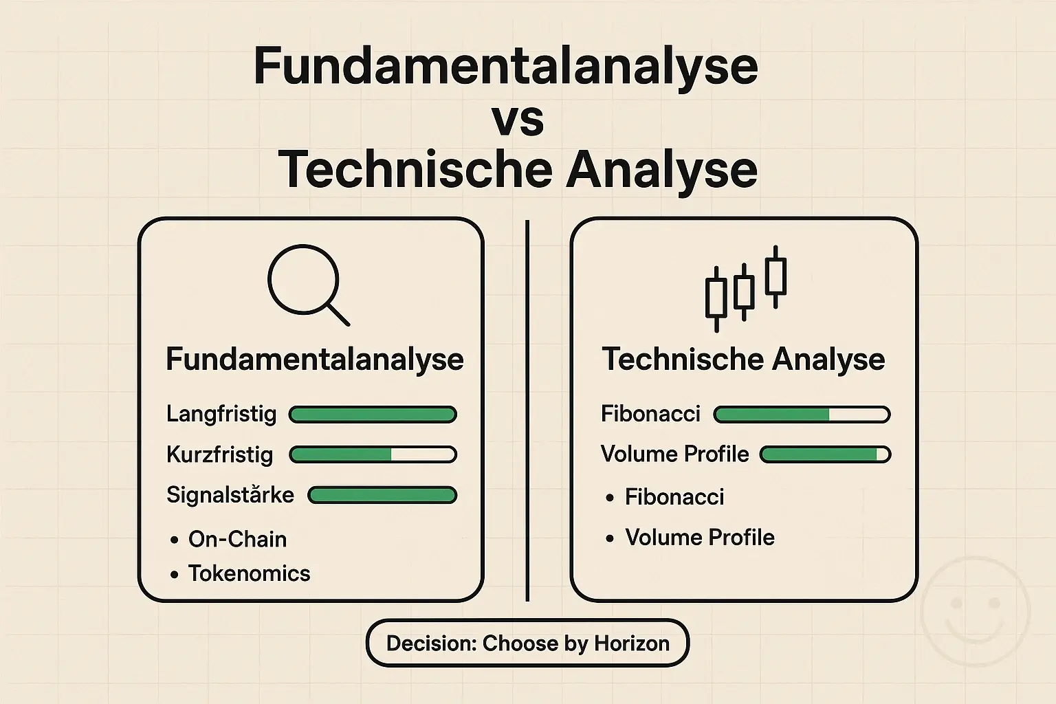 Direkter Vergleich: Wann Fundamentalanalyse oder Technische Analyse am besten eingesetzt wird — klar, visuell und auf die Krypto-Praxis zugeschnitten.