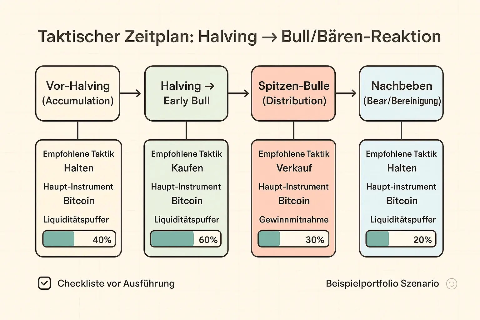 Taktischer Zeitplan von Vor‑Halving bis Nachbeben — liefert konkrete Aktionspunkte, KPIs und Exposure‑Empfehlungen zur zeitlich abgestimmten Umsetzung.
