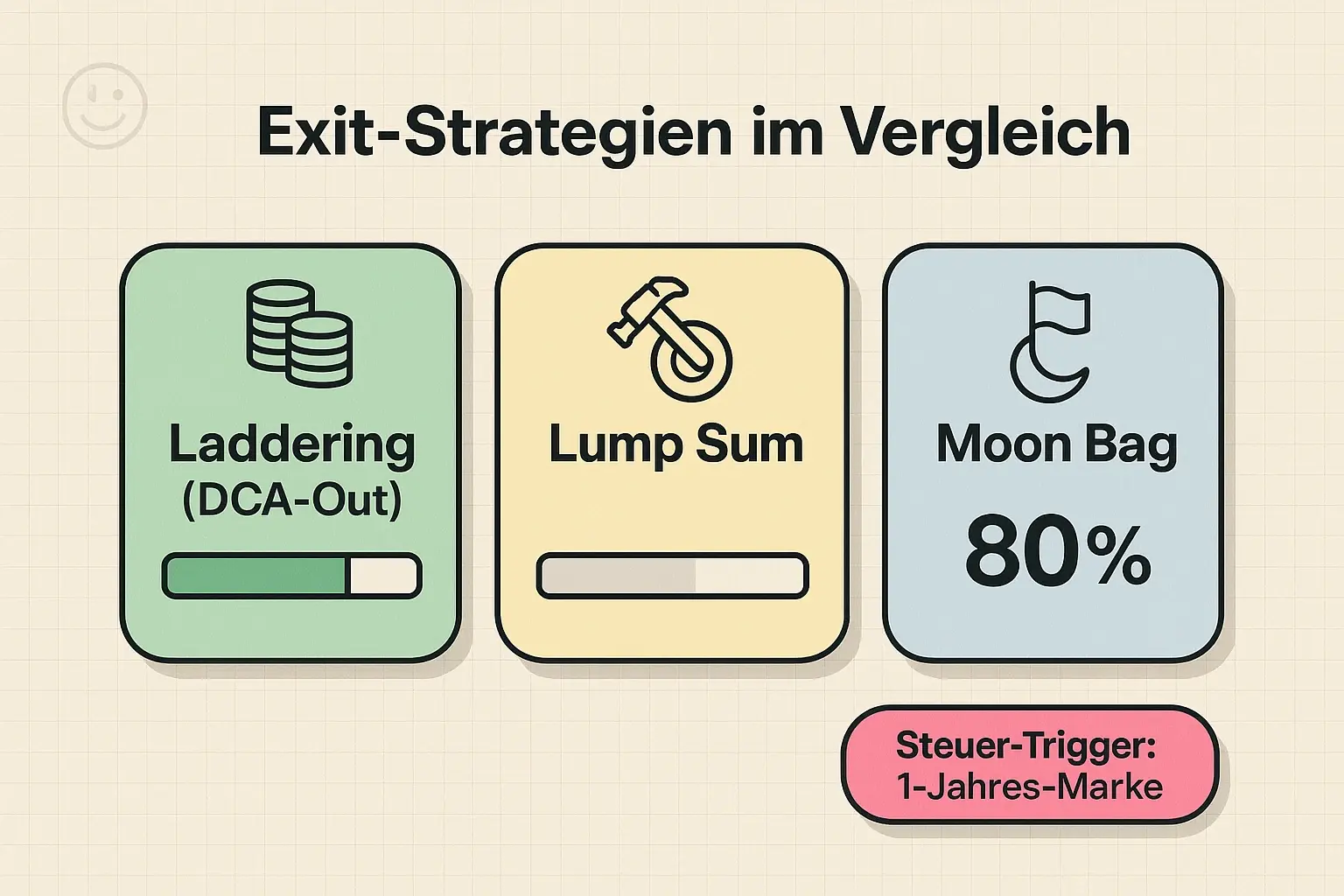Vergleiche drei Exit-Strategien und erkenne steuerliche Auslöser – ideal, um eine passende Gewinnmitnahme-Methode zu wählen.