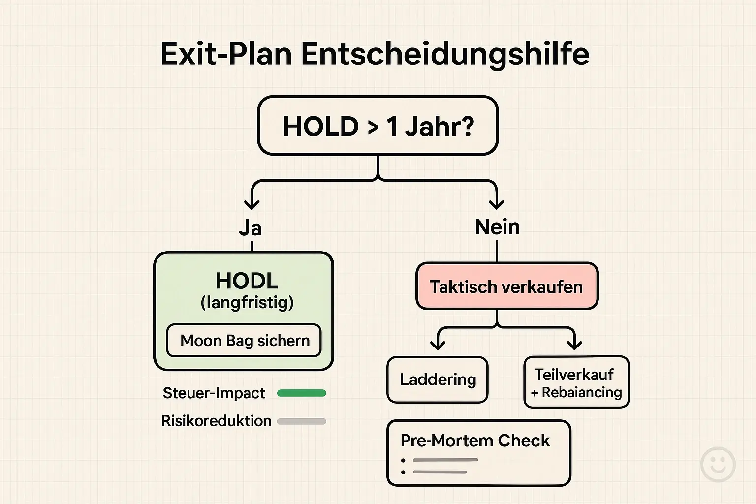 Ein handliches Entscheidungsdiagramm, das Steuer-Timing und psychologische Checkpunkte integriert, um einen disziplinierten Exit-Plan zu bauen.