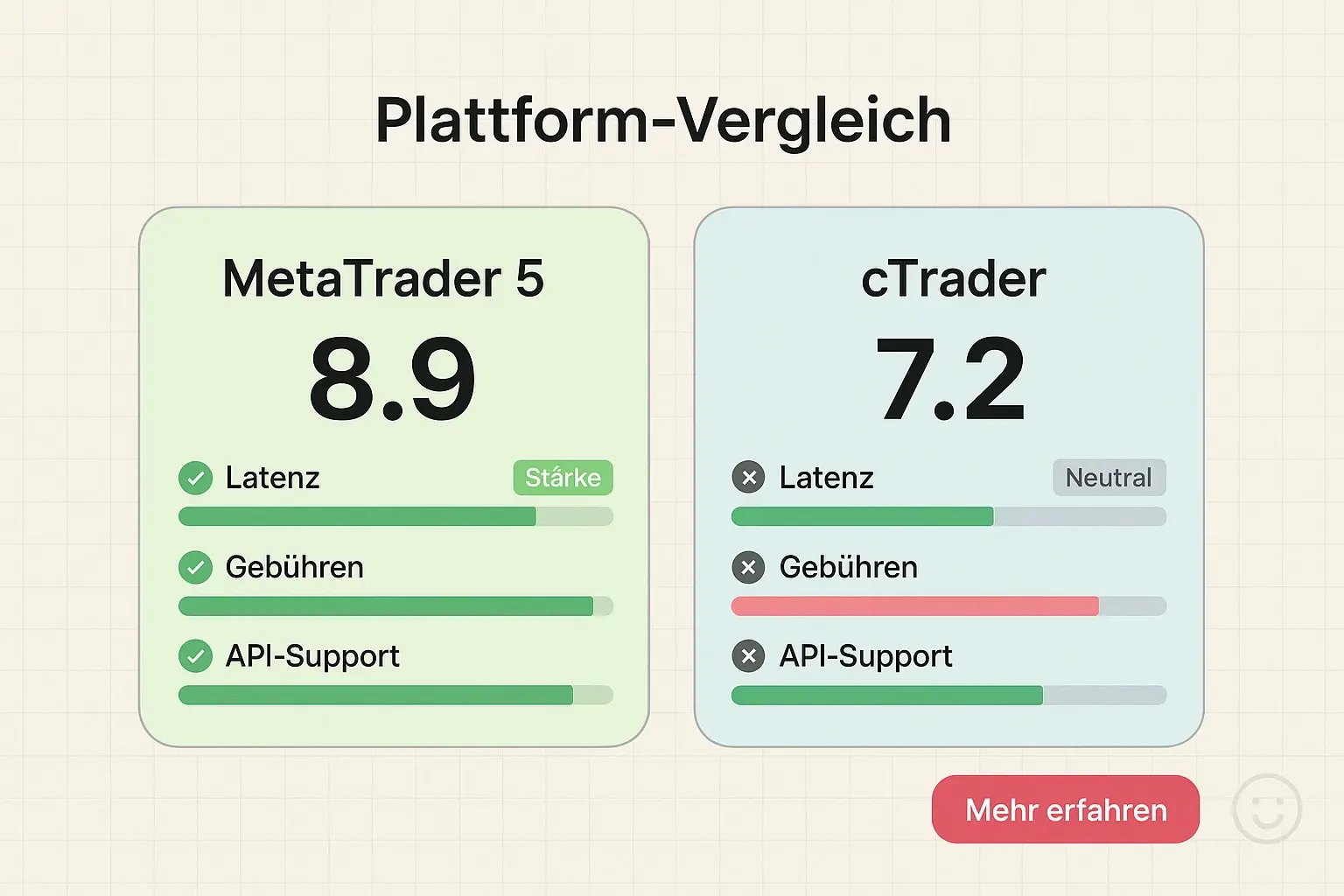 Vergleich von MetaTrader 5 und cTrader: sofort sichtbare Latenz-, Kosten- und API-Metriken zur schnellen Entscheidungsfindung.
