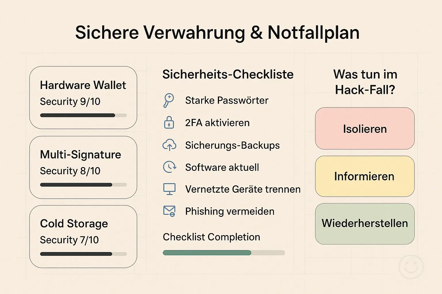 Vergleich von Verwahrungsoptionen plus sofort anwendbare Sicherheits-Checkliste und Notfall-Prozess, damit Teams robust auf Bedrohungen reagieren können.