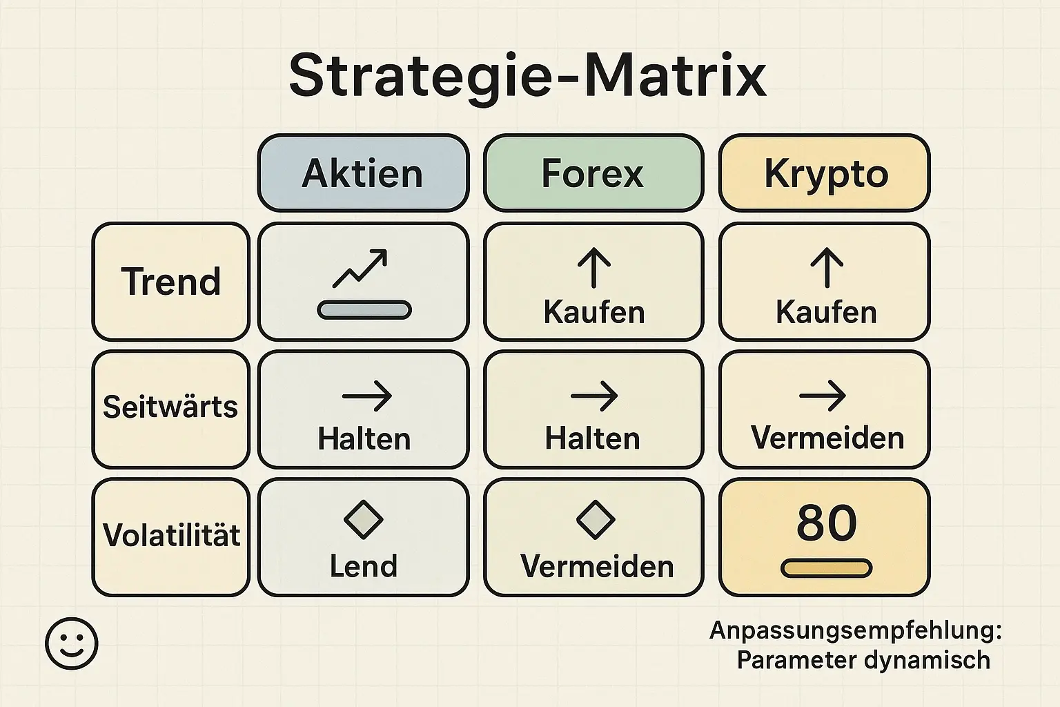 Matrix zum schnellen Vergleich: Welche Strategie passt zu welchem Instrument und welcher Marktphase — hilft bei gezielter Strategie‑Auswahl und Priorisierung.