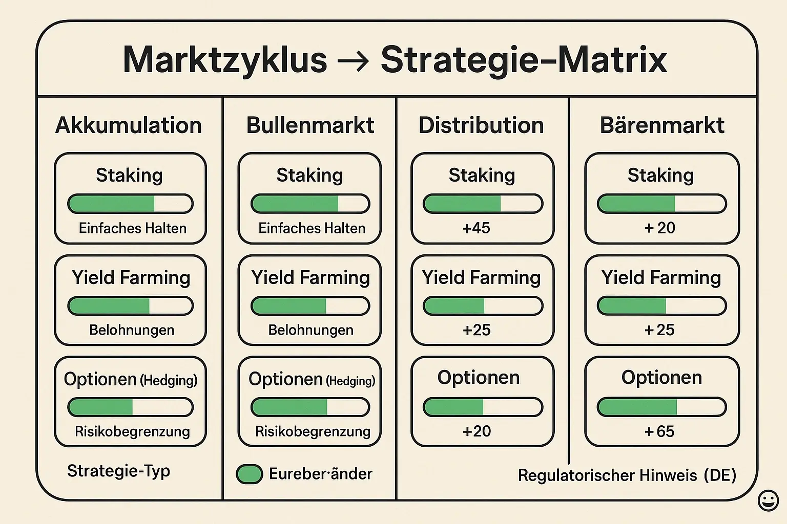 Matrix, die Marktphasen mit passenden DeFi‑ und Derivate‑Strategien verknüpft — ideal zum schnellen Vergleich und zur Priorisierung von Taktiken pro Zyklusphase.
