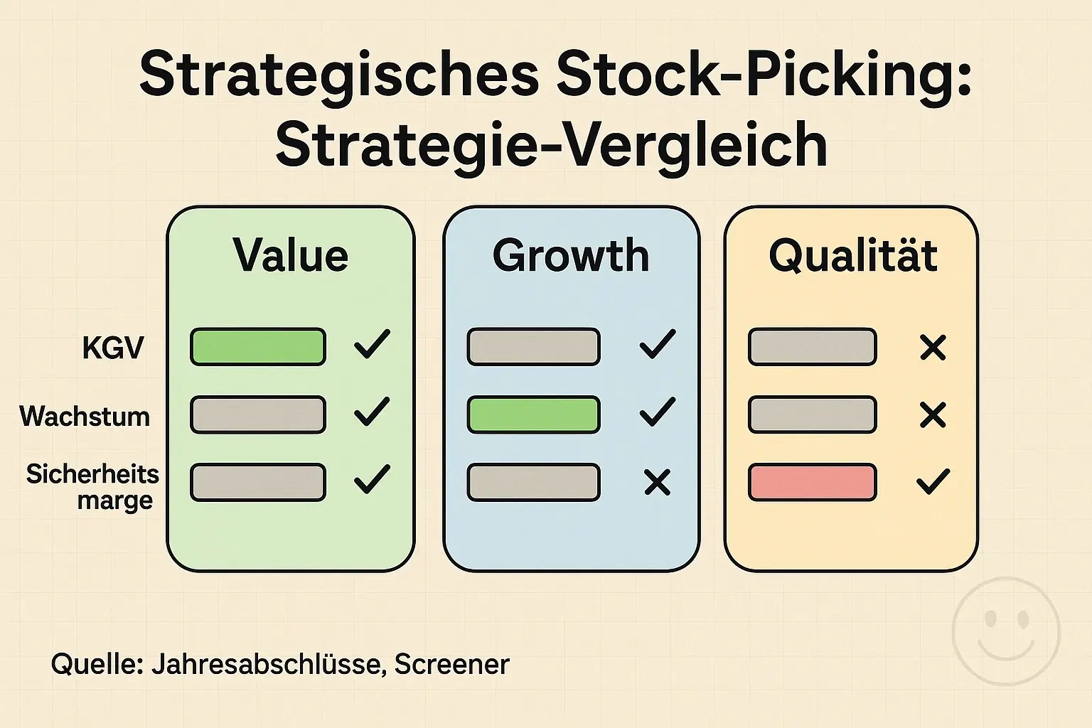 Schneller Vergleich: Veranschaulicht, wie KGV, Wachstum und Sicherheitsmarge drei Anlagestrategien für strategisches Stock‑Picking unterscheiden — ideal für fundierte Entscheidungen.