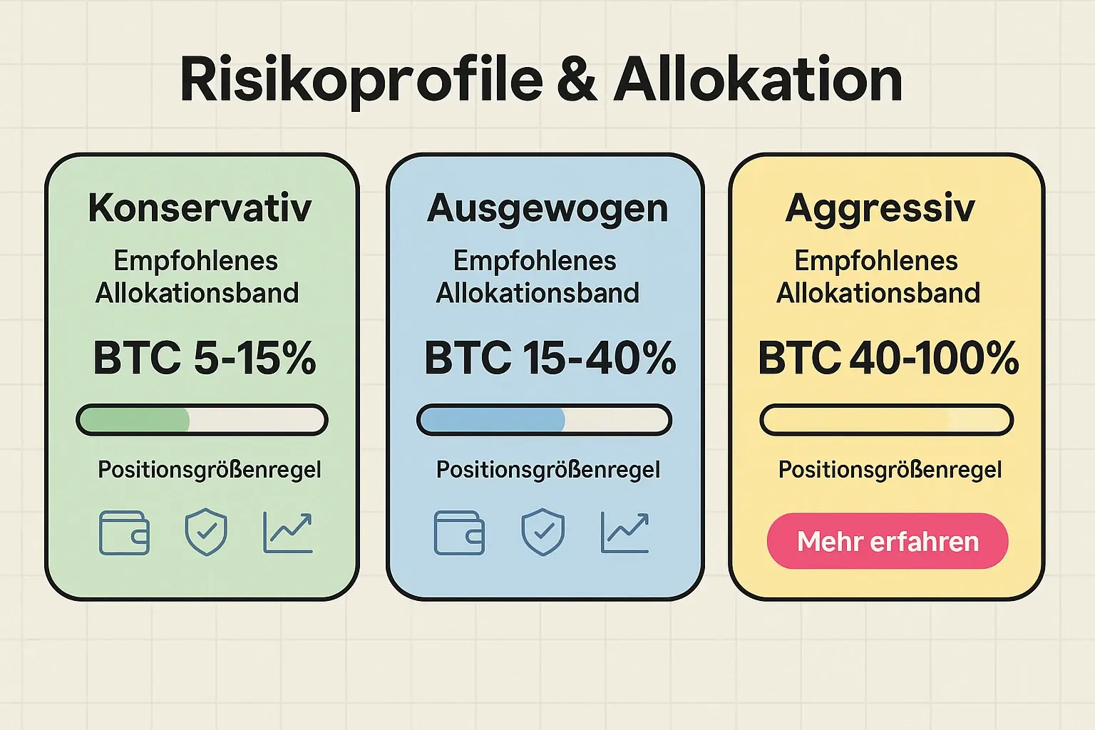 Drei klar gegliederte Risikoprofile zeigen empfohlene Allokationsbänder und Volatilitätsbudgets, damit Entscheider schnell die passende Strategie wählen können.