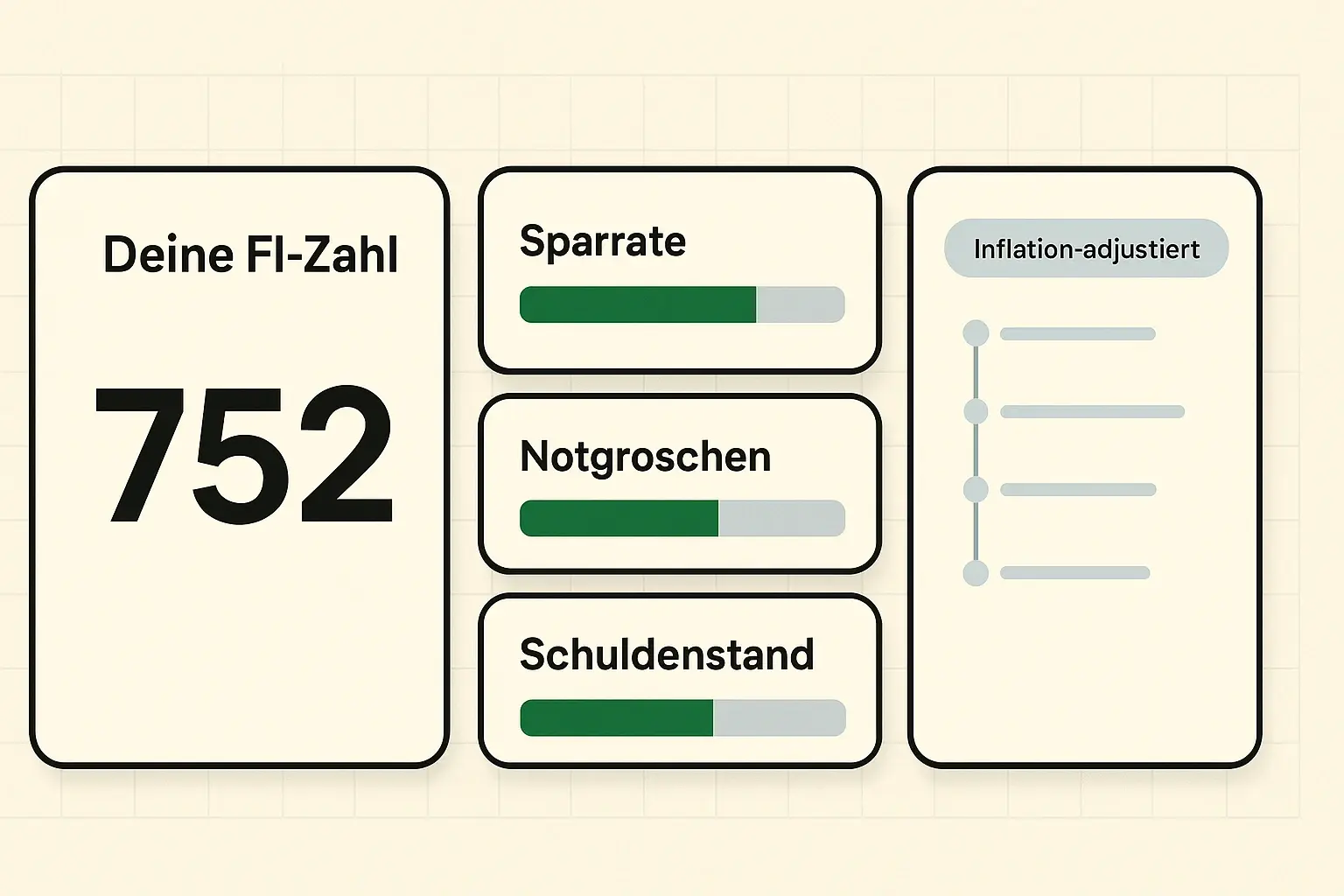 Schneller Überblick: Deine persönliche FI‑Zahl, Fortschritte in Sparrate, Notgroschen und Schulden sowie ein inflation-adjustierter Meilensteinblick — ideal für schnelle Evaluation.