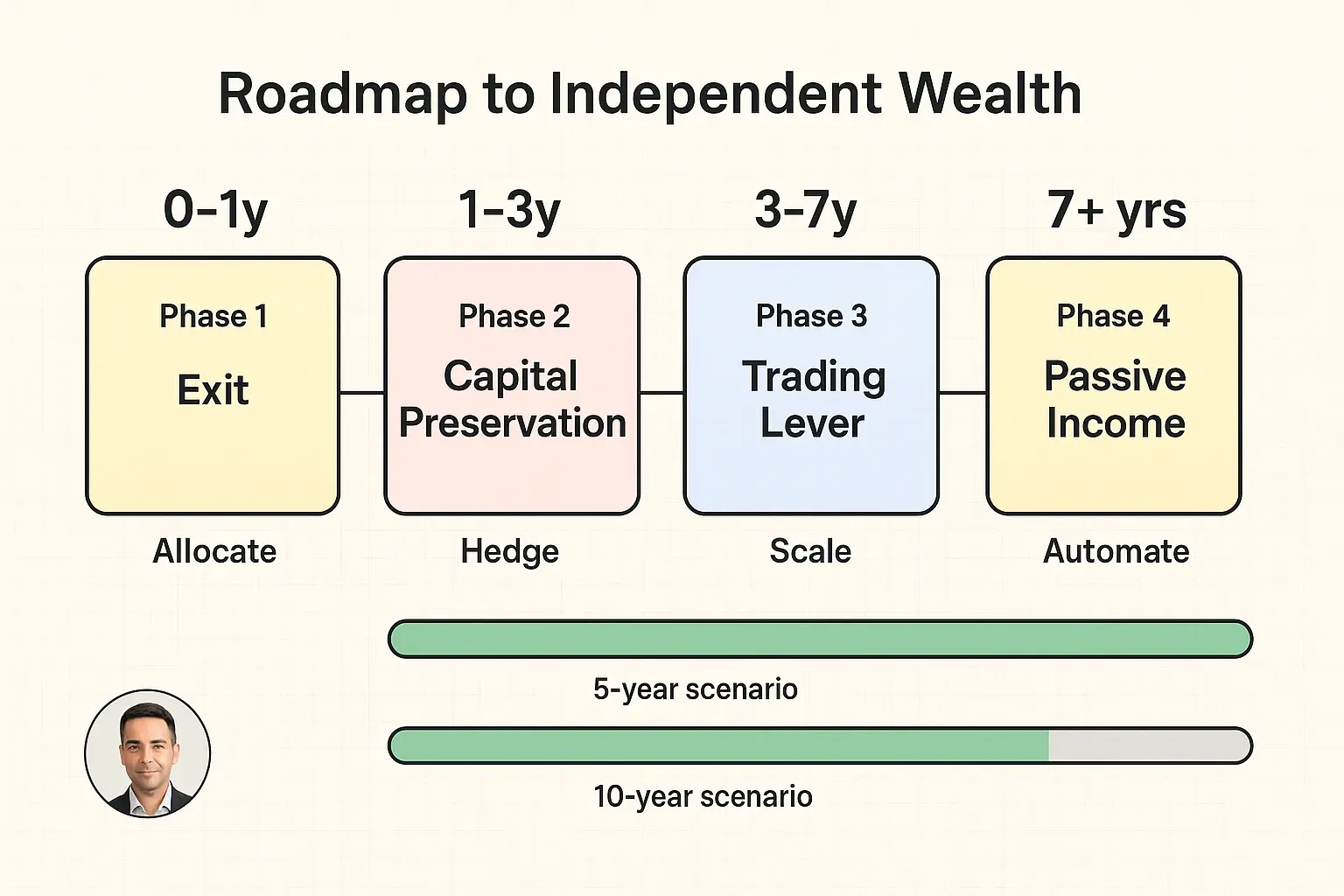 Konkrete Roadmap mit realistischen Zeitfenstern und Fortschrittsindikatoren — hilft Unternehmern, Etappen bis zur finanziellen Unabhängigkeit zu planen.
