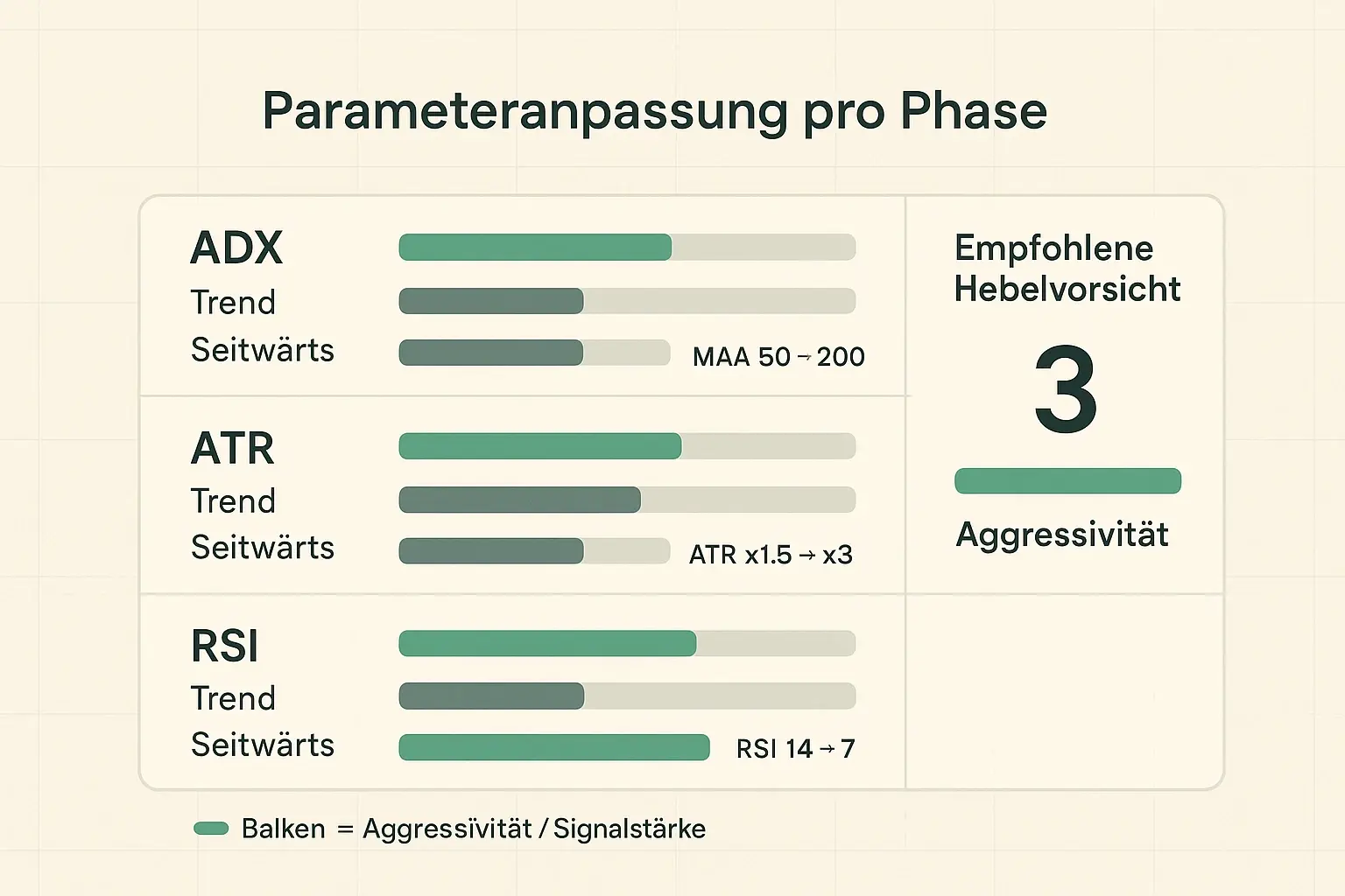 Konkrete, phasenorientierte Vorschläge zur Anpassung von Indikatorparametern — von EMA‑Ranges bis ATR‑Stopps, visualisiert mit progressiven Balken.